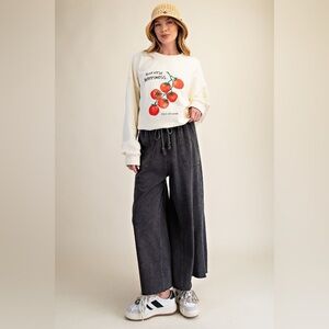 Easel BLACK washed terry knit wide leg pants NWT S M L cotton summer beach boho